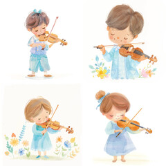 Cute Boy and Girl Playing Violin Clipart Bundle


