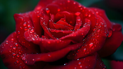 Close Up of a Dark Red Rose with Water Droplets in Dark Green Garden Background with Dramatic Lighting and Detailed Petal Texture