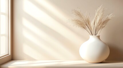 Elegant vase with dried flowers casting shadows in a serene, minimalist interior.