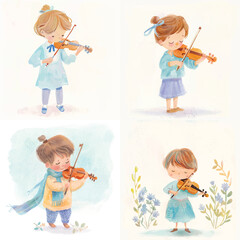 Whimsical Kid and Violin Watercolor Clipart Pack

