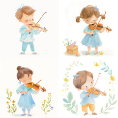 Hand-Painted Violin Playing Child Clipart Bundle


