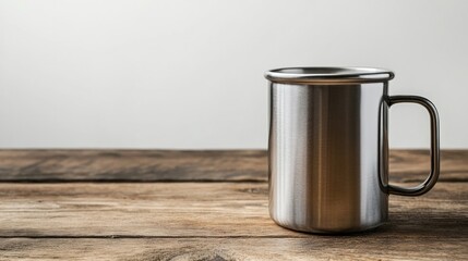 Stainless steel mug on wooden table (3)