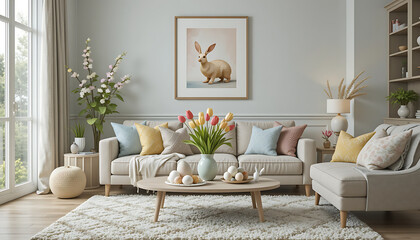 Interior design of spring living room with design sofa, furniture, vase with tulips, easter decorations, pillows and personal accessories. Home decor. Template. Easter holidays.