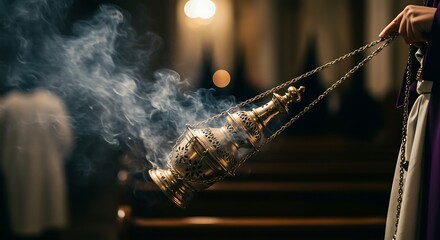 Holding Incense Burner with Smoke in Church Religious Ceremony