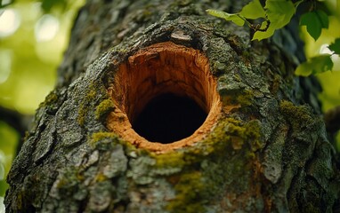 Close-up view of a hollow tree trunk, featuring a dark cavity. The surrounding leaves create a blurred green background