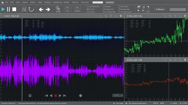 Advanced Engineering Interface Displaying Dynamic Frequencies, Waveforms and Data Analytics on a Dark Theme. Screen Replacement Template for Scientific Research, Quantum Computing or Audio Analysis