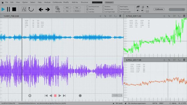 Generic Waveform Analysis and Real-time Data Visualization Template for Screen Replacement. Theme of Scientific Research, Audio Technology, Computing and Engineering. White Software Background
