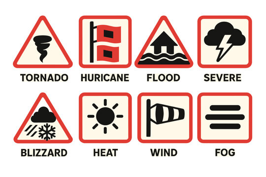Weather warning signs: tornado, hurricane, flood, thunderstorm, blizzard, heat, wind, fog advisories