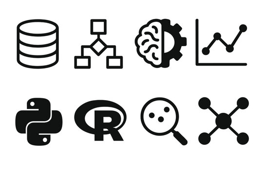Data science elements: database, algorithm, machine learning, chart, Python, R, data analysis, network nodes