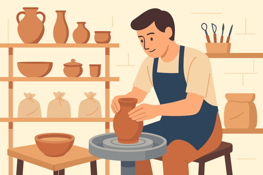 Potter working with clay on a wheel in a workshop surrounded by pottery tools and finished items