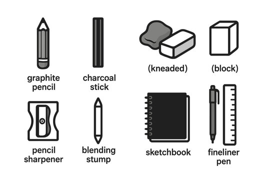The necessary tools for drawing include a pencil, charcoal, erasers, sharpener, blending stump, sketchbook, fineliner, and ruler