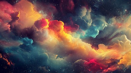 Obraz premium Colorful, swirling space with nebulae, blending vibrant hues of orange, yellow, blue, and red. Stardust particles shimmer
