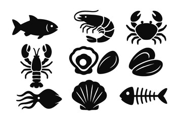 Obraz premium Types of seafood include fish, shrimp, crab, lobster, oyster, mussel, squid, scallop, and fish bones