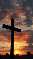 Majestic Cross Silhouette at Sunset – Symbol of Faith, Religion, and Resurrection with Divine Light
