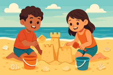 Kids are building a sandcastle using various tools on the beach beside the sea