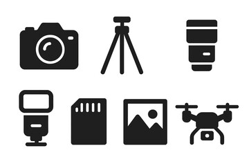 Icons of photography that include a camera and tripod