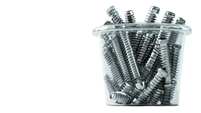 Collection of shiny metal screws in a clear plastic container arranged aesthetically showcasing industrial tools and hardware supplies