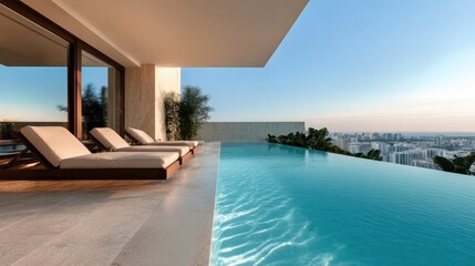 Fototapeta premium An elegant terrace features a pristine infinity pool overlooking a vibrant city skyline, embodying luxury living, relaxation, and stunning architectural design.