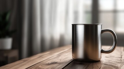 Polished metal mug on wooden table, blurred background