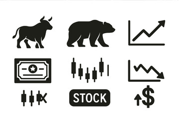 Stock market symbols consist of the bull, bear, up chart, down chart, stock certificate, candlestick chart, ticker, and dollar up