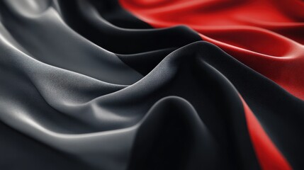 Fototapeta premium Close-up view of a flag with dark gray, black, and red sections, rippled and flowing fabric