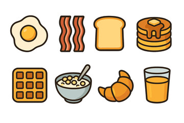 Available for breakfast are egg, bacon, toast, pancakes, waffle, cereal, croissant, and orange juice