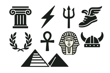 Symbols originating from ancient myths comprise the column, thunderbolt, trident, winged sandal, wreath, ankh, pyramid, pharaoh mask, and Viking helmet