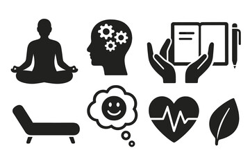 The symbols that represent mental wellness are meditation, brain, support, journal, therapy, positive thought, heart health, and leaf