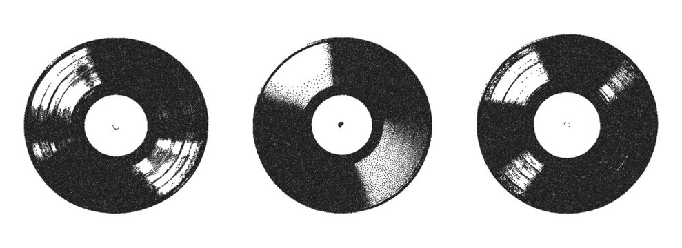 Trendy elements vinyl records with photocopy effect. Grunge punk dotted stickers for collage, poster, print, music cove. Vector illustration on an isolated background.