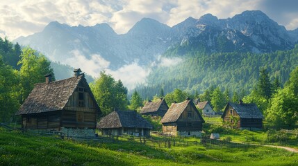 Serene Mountain Village: Picturesque Alpine Hamlet nestled amidst majestic peaks