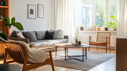 Fototapeta premium Cozy living room featuring natural light, a gray sofa, and wooden furniture