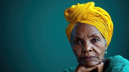 This captivating image features a serious elderly woman wearing a yellow headwrap, resting her chin on her hand, highlighting her contemplative expression against a dark background.