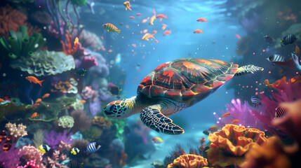Obraz premium A sea turtle swims among colorful coral and fish in a vibrant underwater ecosystem scene art