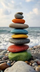 Balanced colorful stones on beach