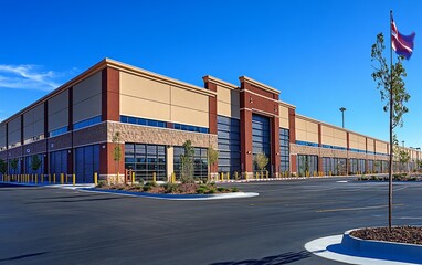 Fototapeta premium Modern industrial building with large windows and a parking lot under a bright blue sky