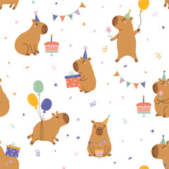 Seamless vector pattern with cute capybaras celebrating birthday. Adorable cartoon animals with balloons, cakes, gifts and party hats. Perfect for kids textiles, wrapping paper, and festive designs.