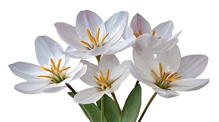 Naklejka premium A cluster of five delicate white flowers with yellow centers and green stems, isolated on a white background