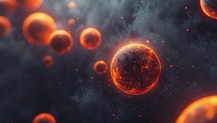 Naklejka premium abstract background of dark gray spheres and orange planets, dark space in the center, hyper realistic, cinematic
