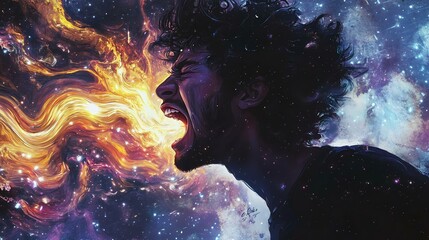 Obraz premium A captivating cosmic portrait of a man screaming with fiery energy erupting from his mouth, set against a vibrant galaxy backdrop.