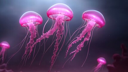A luminous jellyfish swarm in an underwater abyss