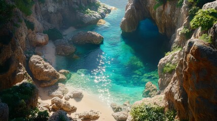Secluded Turquoise Cove with Sunlight and Rocks