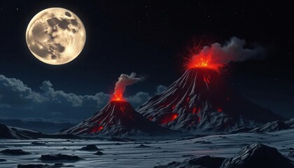 Volcanic landscape at night under a full moon