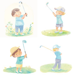 Watercolor Kid with Golf Club Clipart Set

