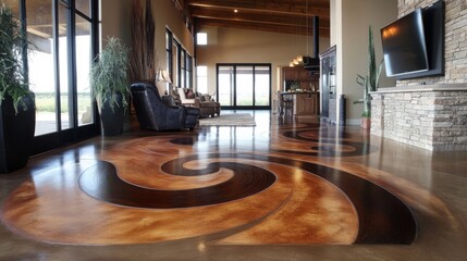 Modern Home Interior with Swirling Brown Polished Concrete Floor