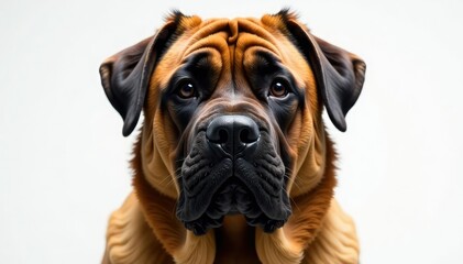 Obraz premium Imposing mastiff, intense gaze, pure white backdrop, canine portrait, animal