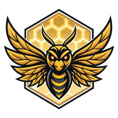 Obraz premium Aggressive Bee Mascot Illustration with Hexagonal Hive Background