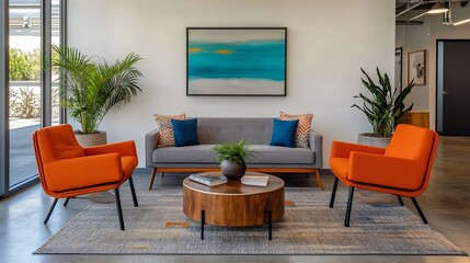 Fototapeta premium Modern interior with vibrant orange chairs and grey sofa around a wooden coffee table