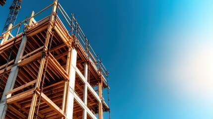 Obraz premium A vibrant image showcasing the framework of a building under construction, juxtaposed against a clear blue sky, representing progress and modern architecture in urban development.