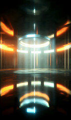 Enigmatic future platform illuminates the void with warm embrace and technological transcendence, presenting modern design