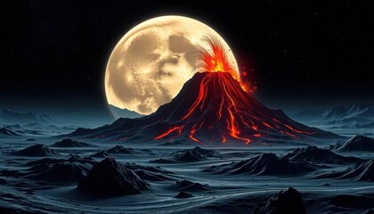 Volcano erupts under a large moon